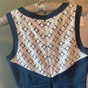 Ann Taylor Mid Length Navy Blue Dress with Cream Lace accents